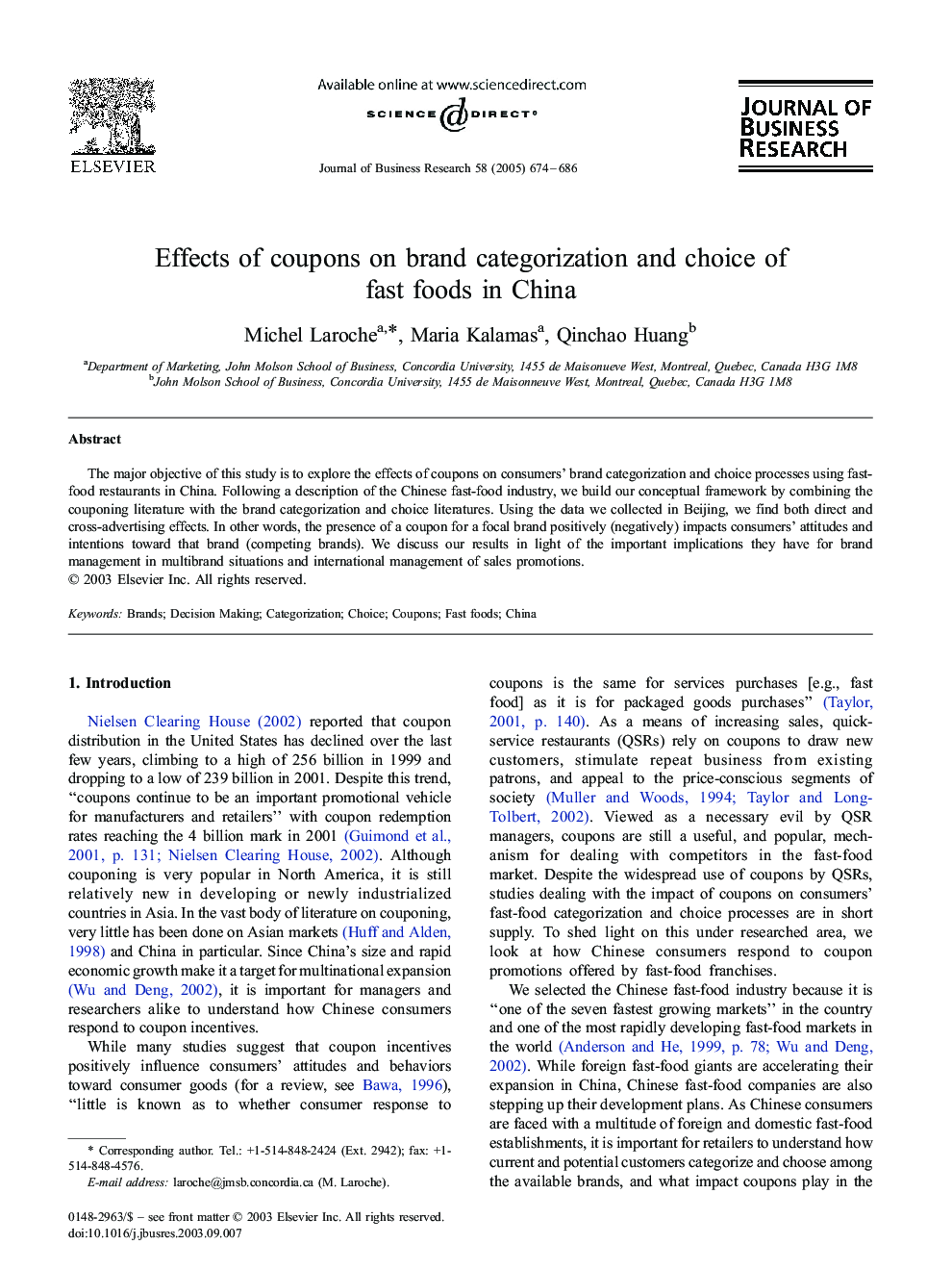 Effects of coupons on brand categorization and choice of fast foods in China