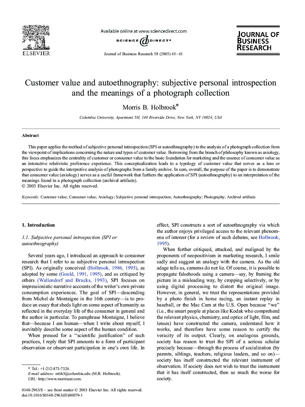 Customer value and autoethnography: subjective personal introspection and the meanings of a photograph collection