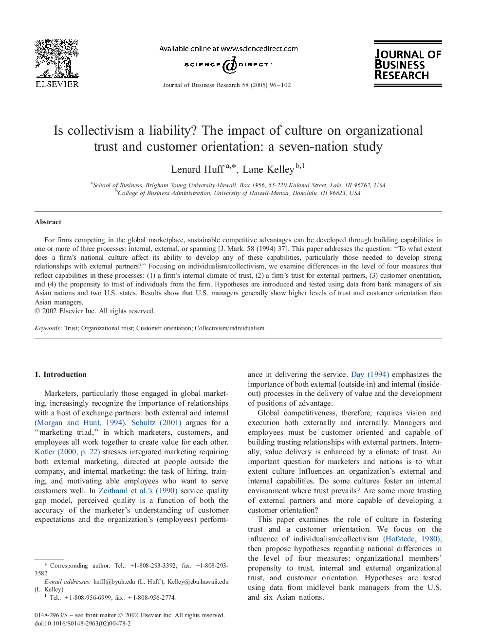 Is collectivism a liability? The impact of culture on organizational trust and customer orientation: a seven-nation study