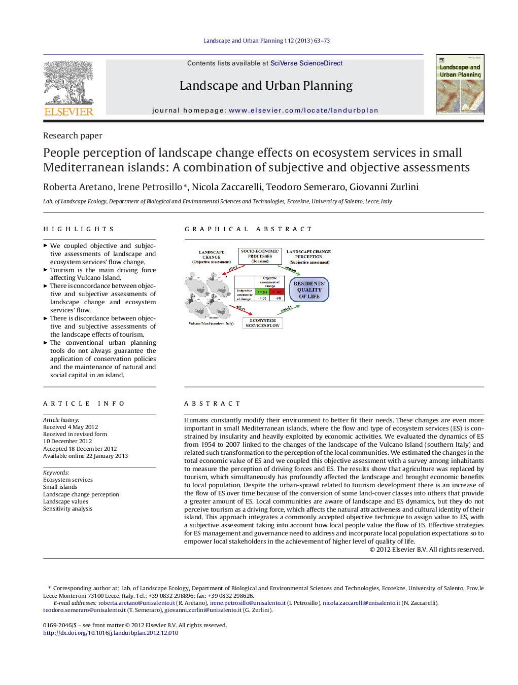 People perception of landscape change effects on ecosystem services in small Mediterranean islands: A combination of subjective and objective assessments