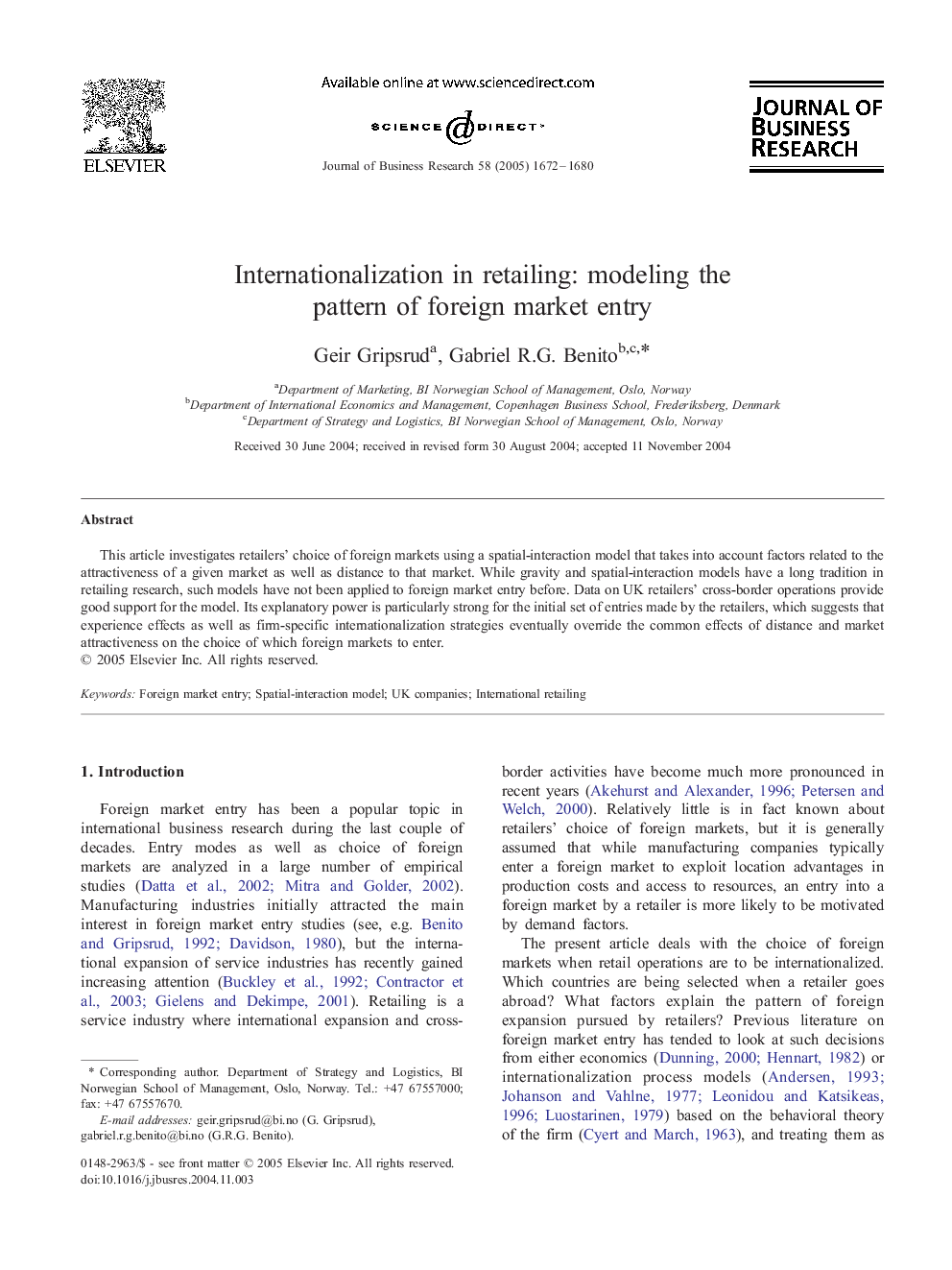 Internationalization in retailing: modeling the pattern of foreign market entry