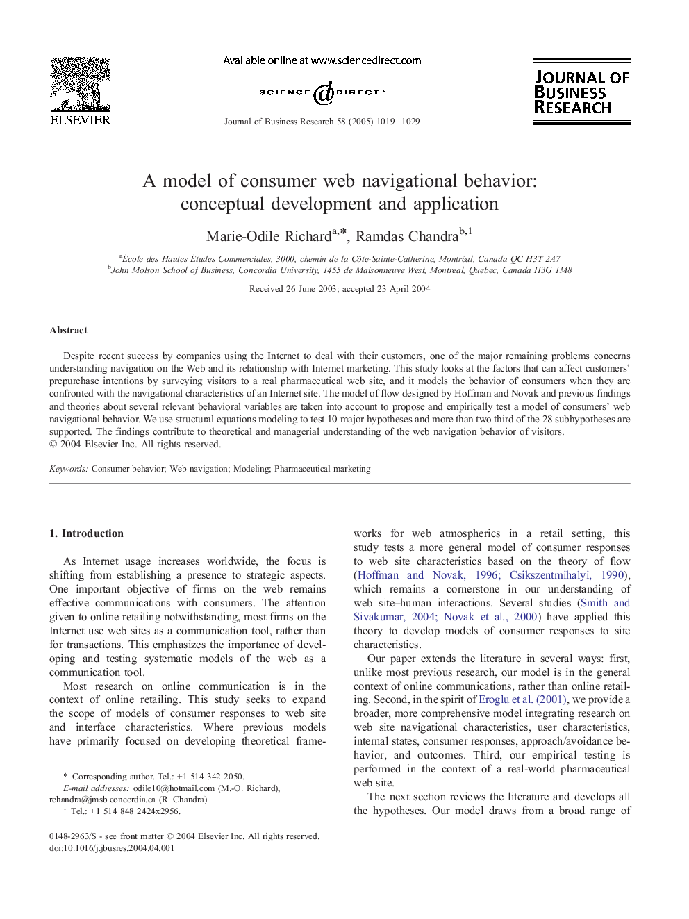 A model of consumer web navigational behavior: conceptual development and application