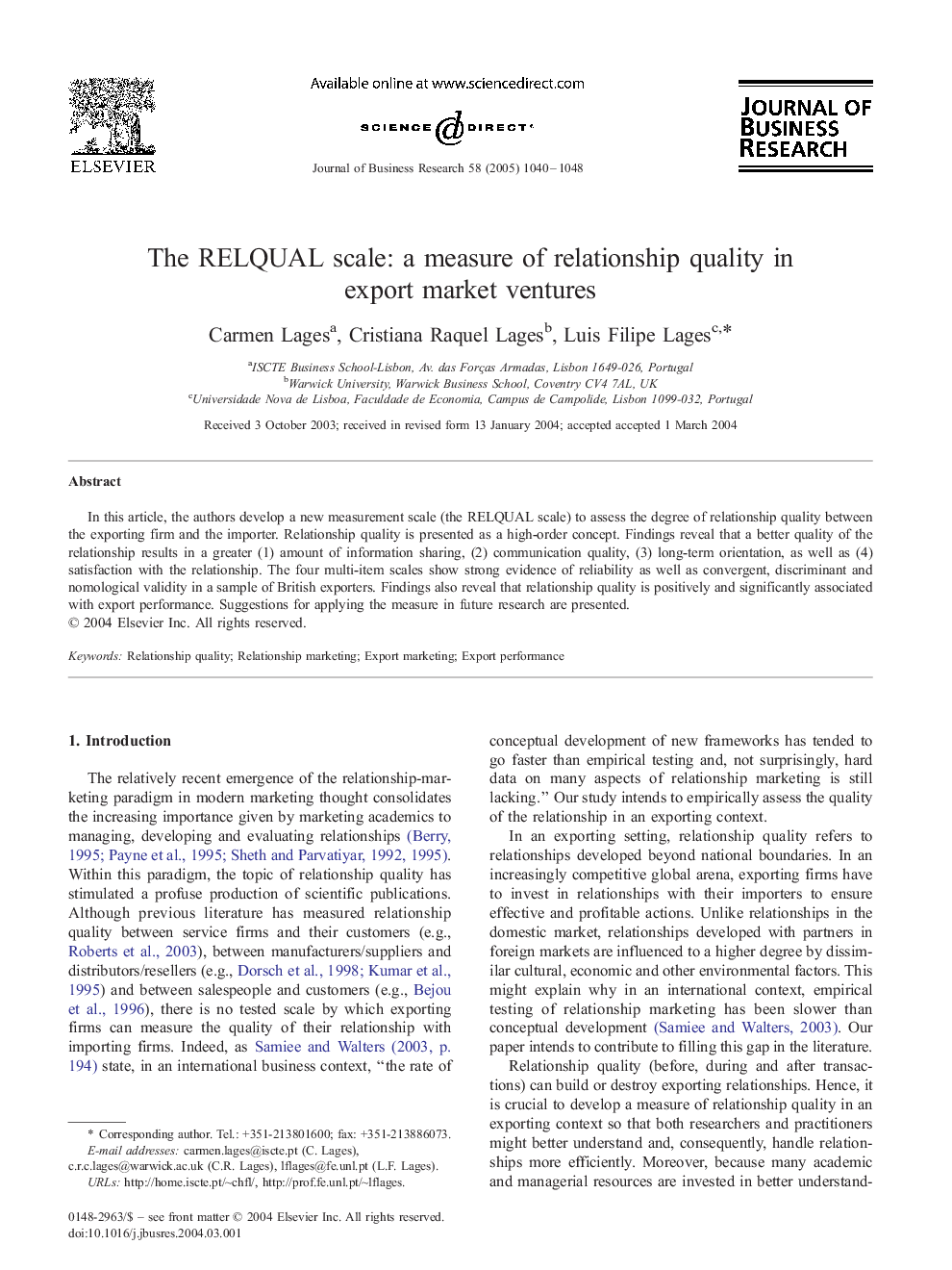 The RELQUAL scale: a measure of relationship quality in export market ventures