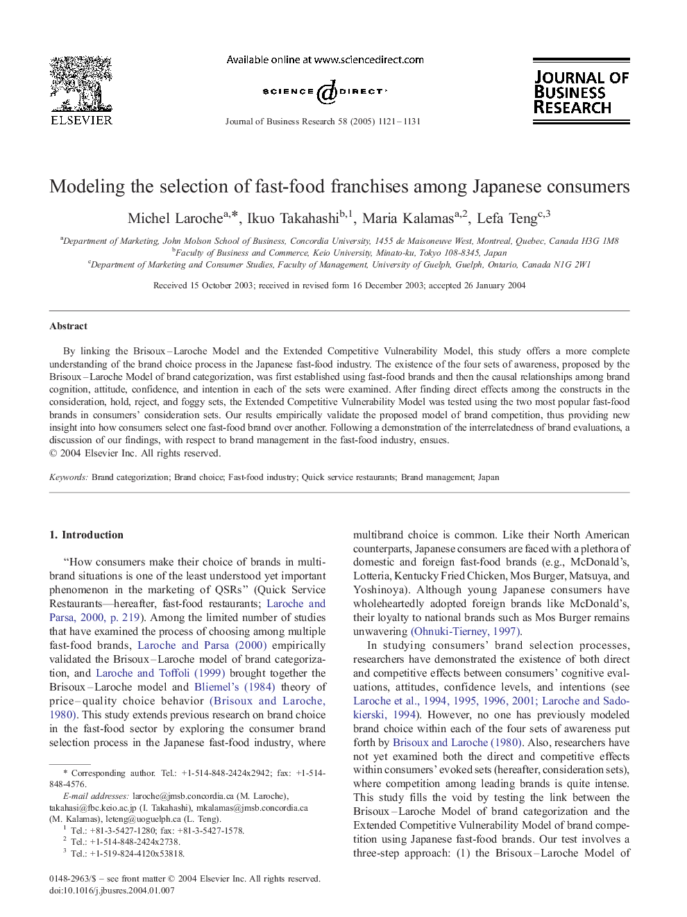 Modeling the selection of fast-food franchises among Japanese consumers