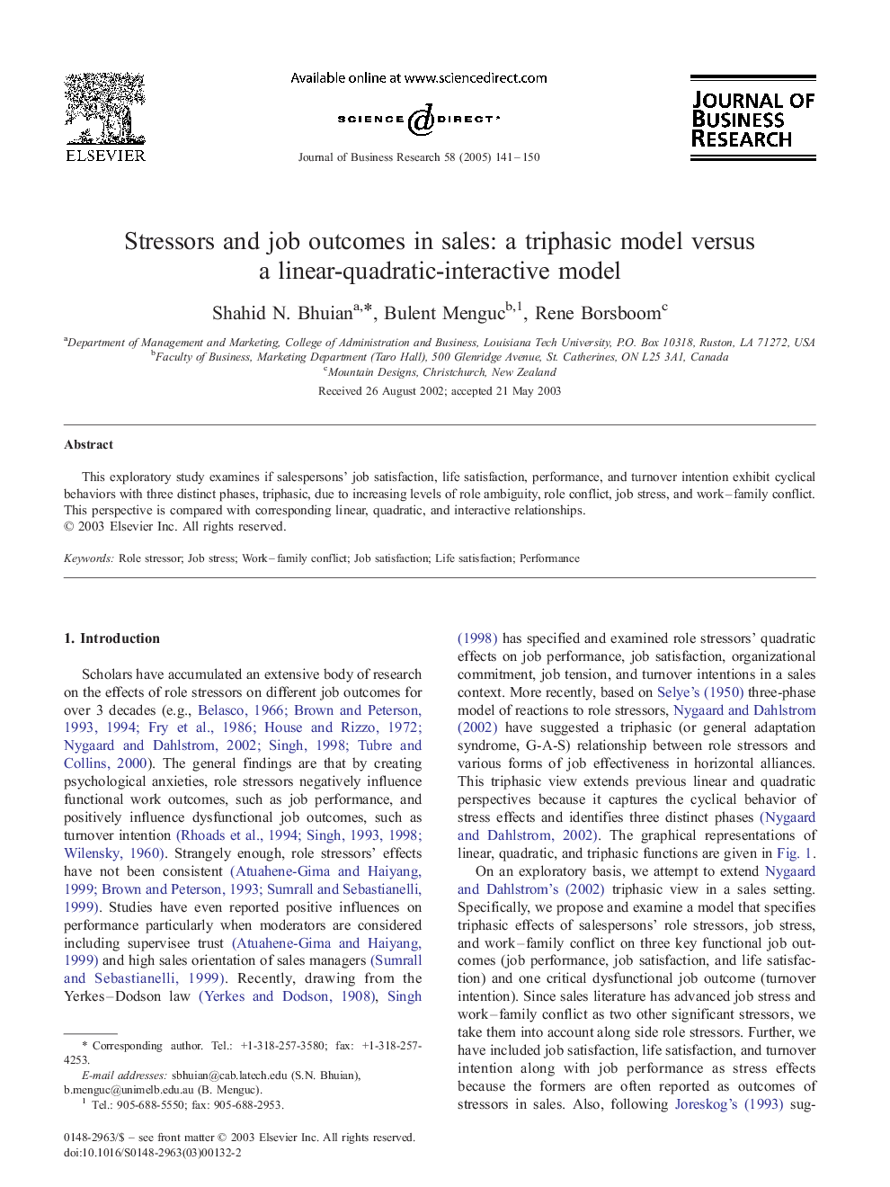 Stressors and job outcomes in sales: a triphasic model versus a linear-quadratic-interactive model