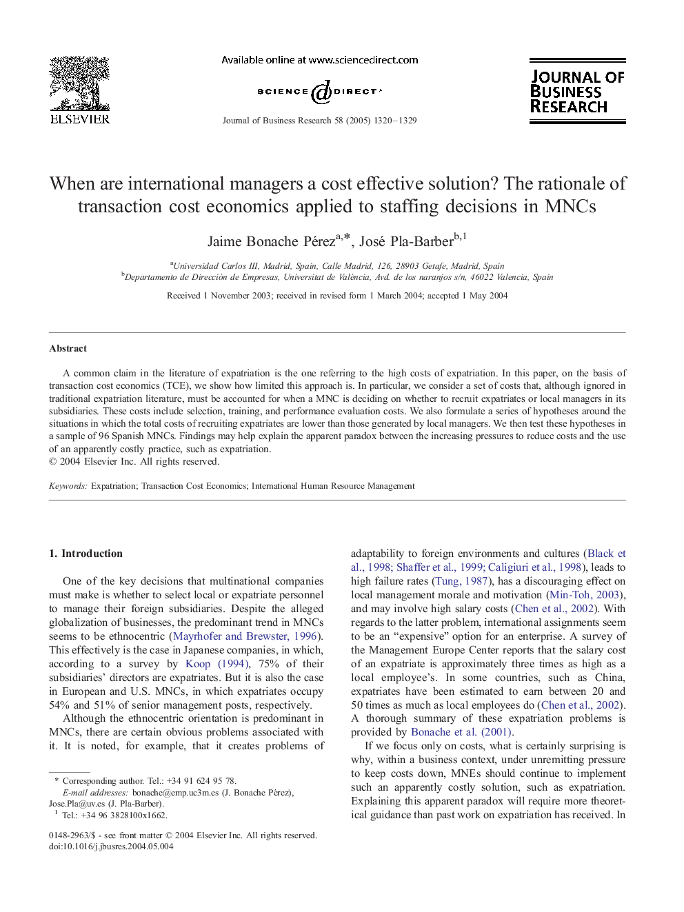 When are international managers a cost effective solution? The rationale of transaction cost economics applied to staffing decisions in MNCs