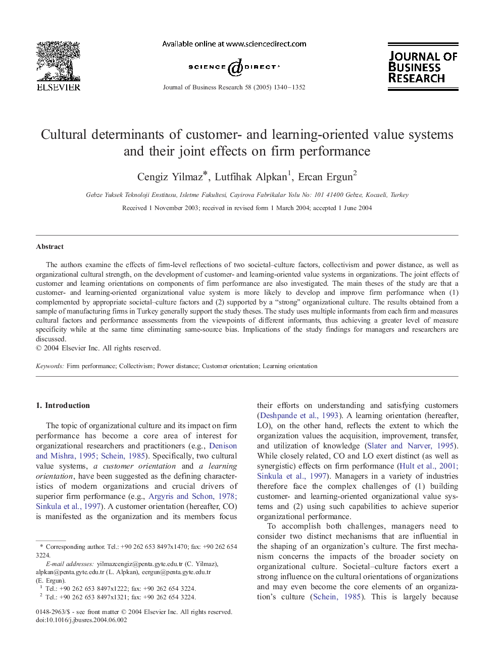 Cultural determinants of customer- and learning-oriented value systems and their joint effects on firm performance