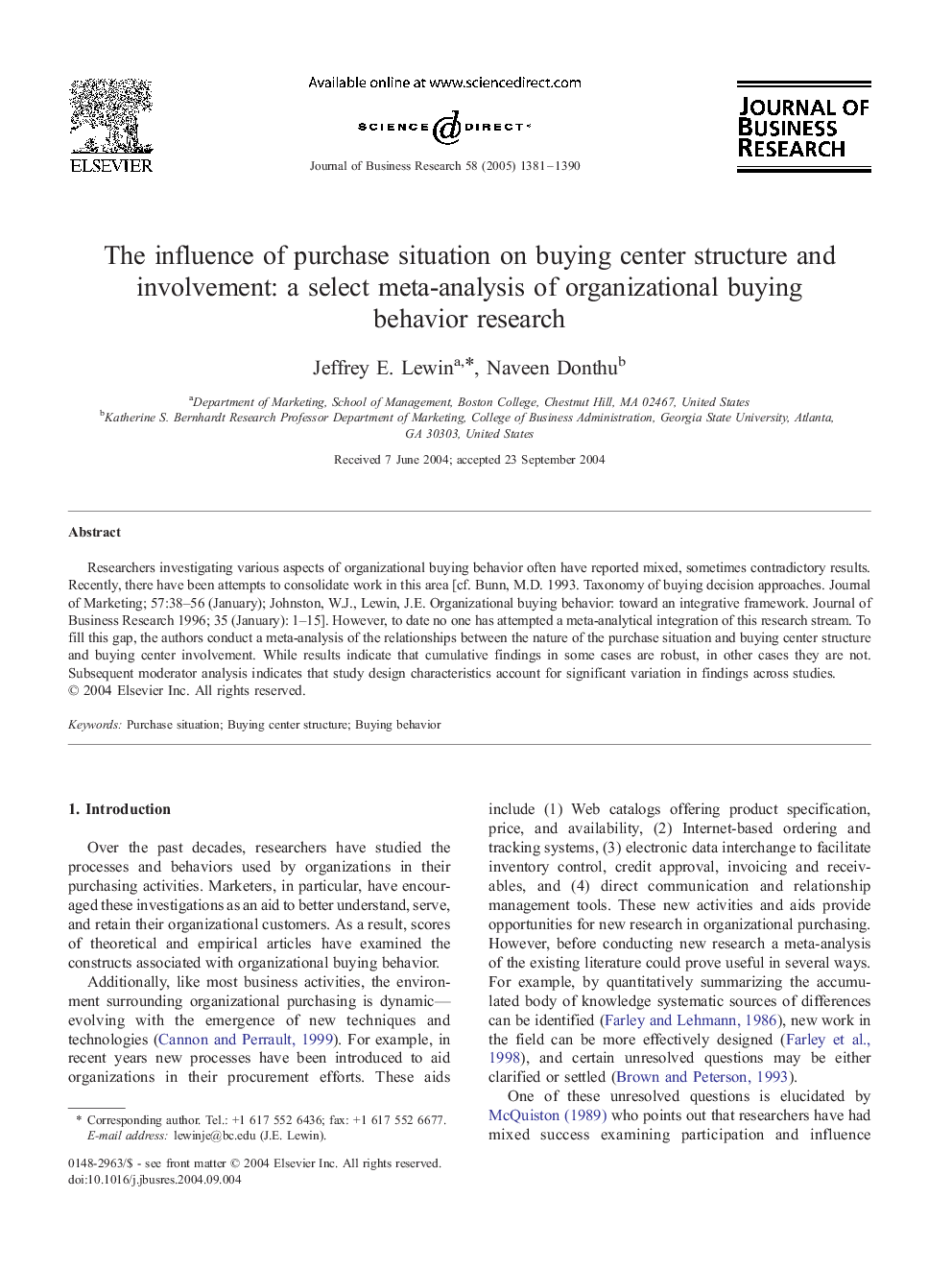 The influence of purchase situation on buying center structure and involvement: a select meta-analysis of organizational buying behavior research