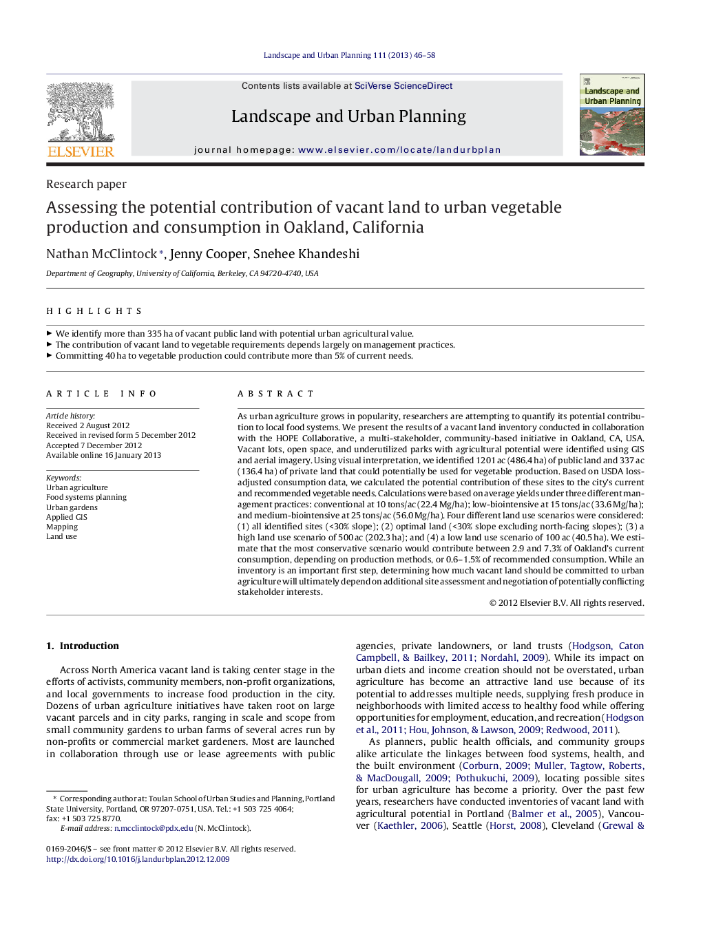 Assessing the potential contribution of vacant land to urban vegetable production and consumption in Oakland, California