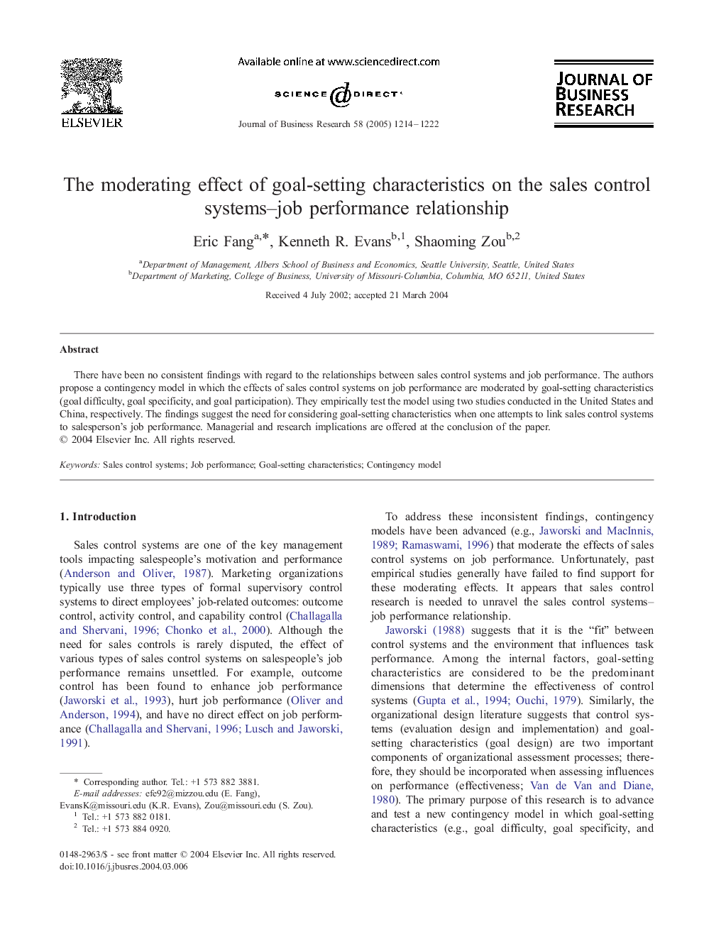 The moderating effect of goal-setting characteristics on the sales control systems-job performance relationship