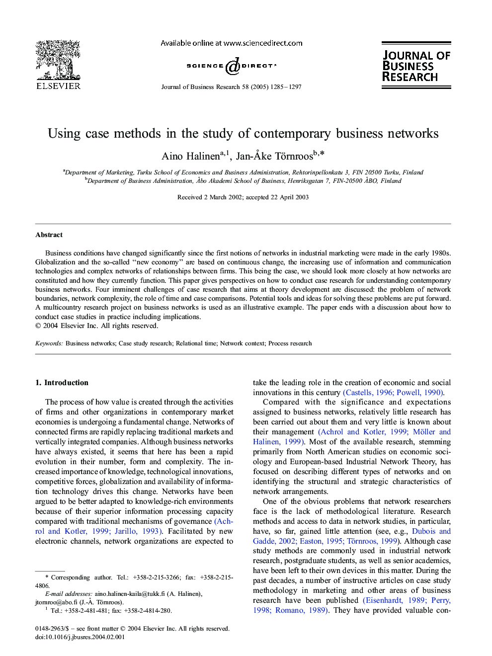 عکس صفحه اول مقاله: Using case methods in the study of contemporary business networks Using case methods in the study of contemporary business networks