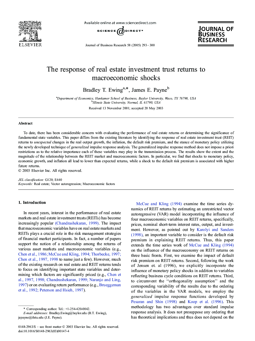 The response of real estate investment trust returns to macroeconomic shocks
