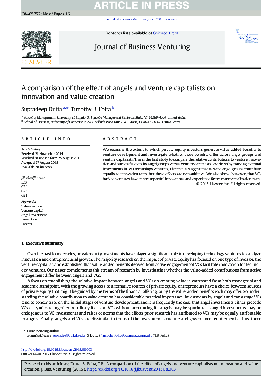 A comparison of the effect of angels and venture capitalists on innovation and value creation