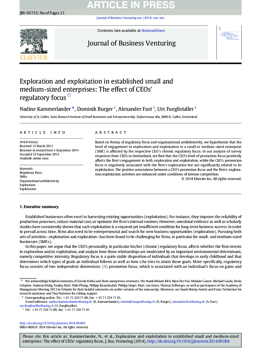 Exploration and exploitation in established small and medium-sized enterprises: The effect of CEOs' regulatory focus