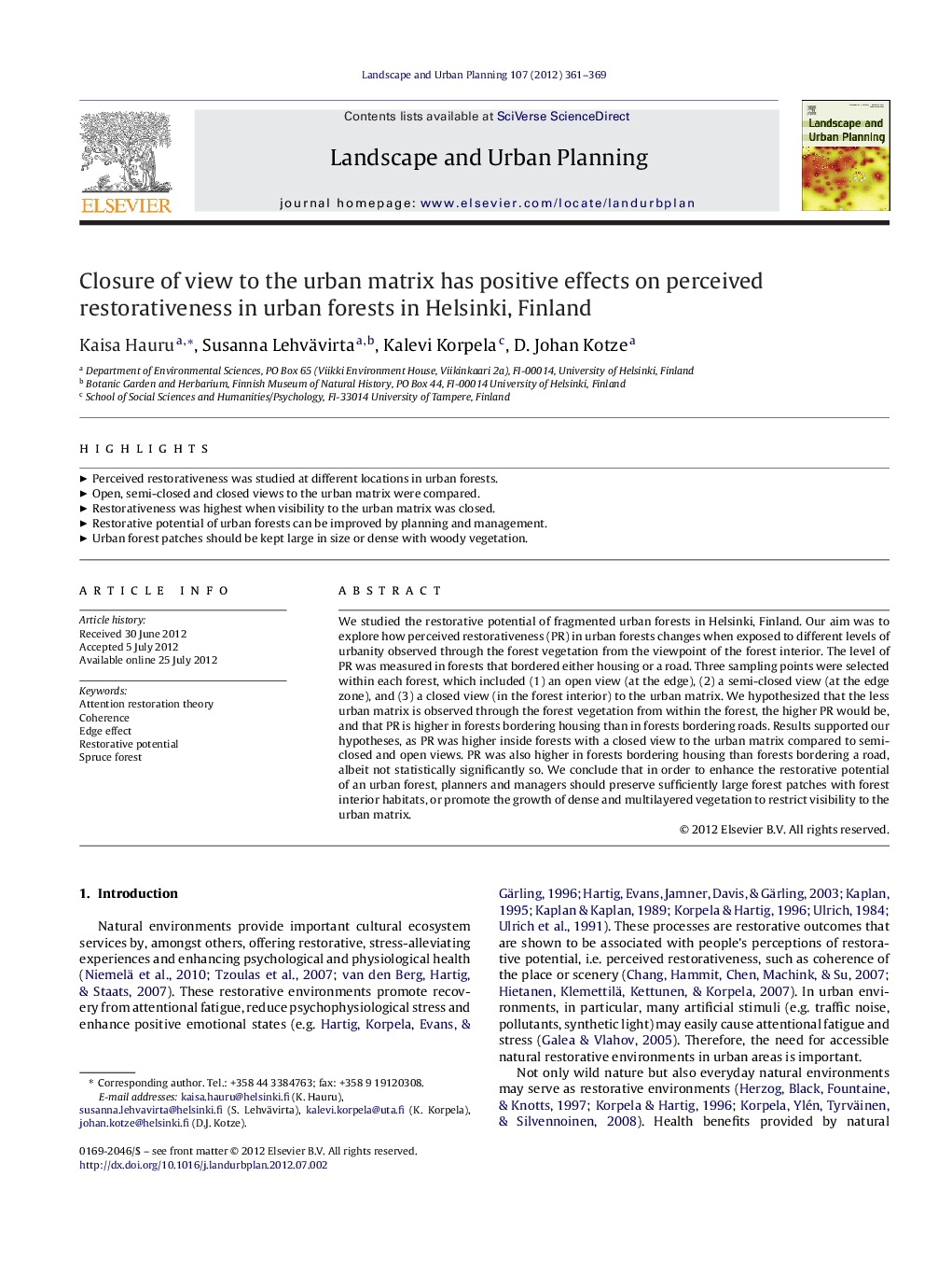 Closure of view to the urban matrix has positive effects on perceived restorativeness in urban forests in Helsinki, Finland