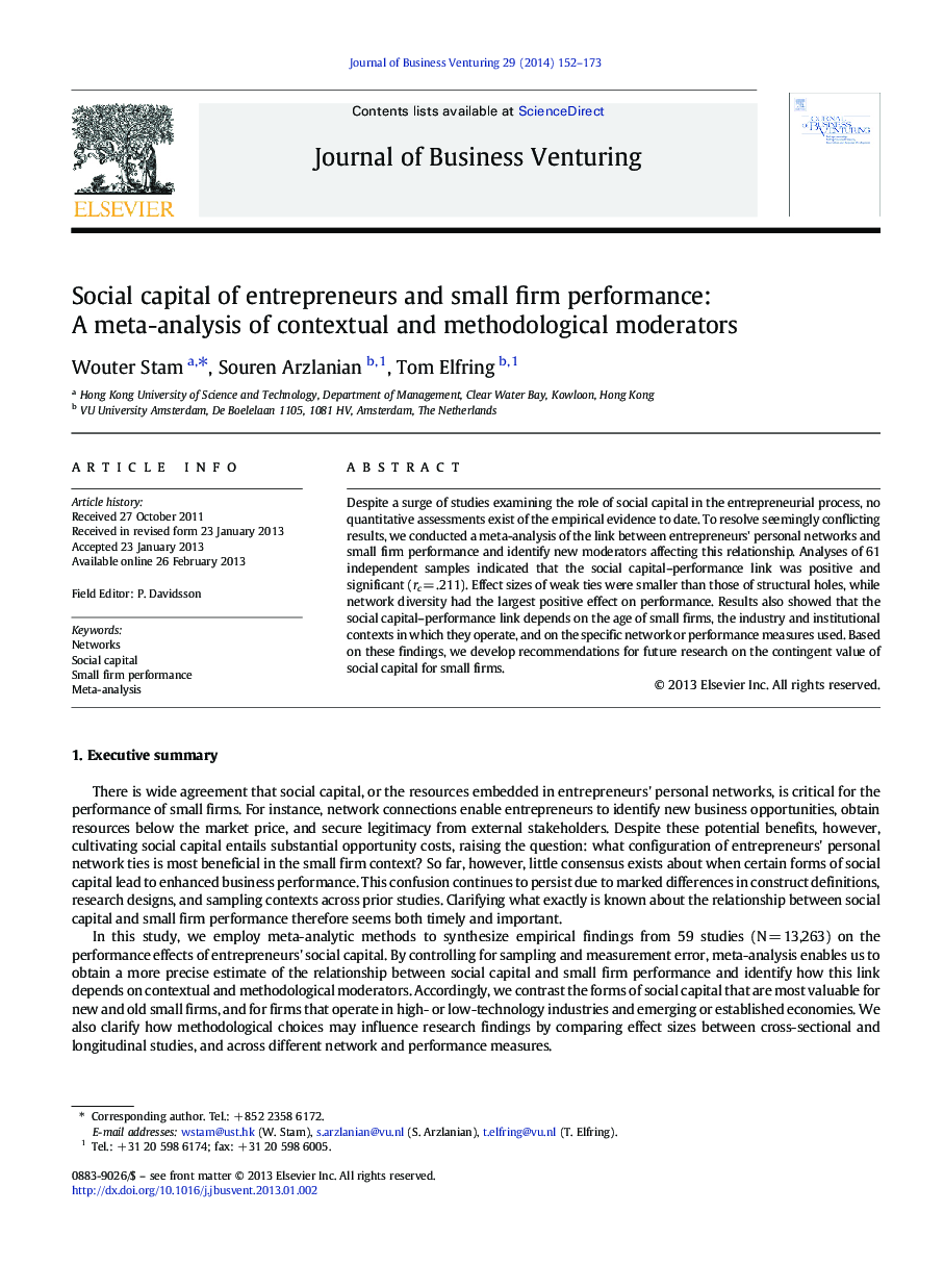 Social capital of entrepreneurs and small firm performance: A meta-analysis of contextual and methodological moderators