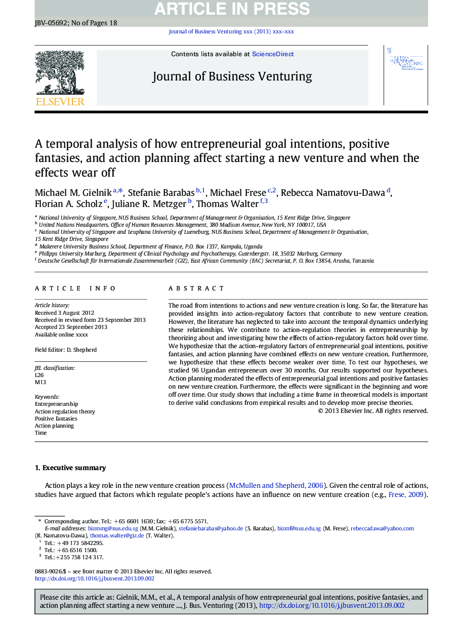 A temporal analysis of how entrepreneurial goal intentions, positive fantasies, and action planning affect starting a new venture and when the effects wear off