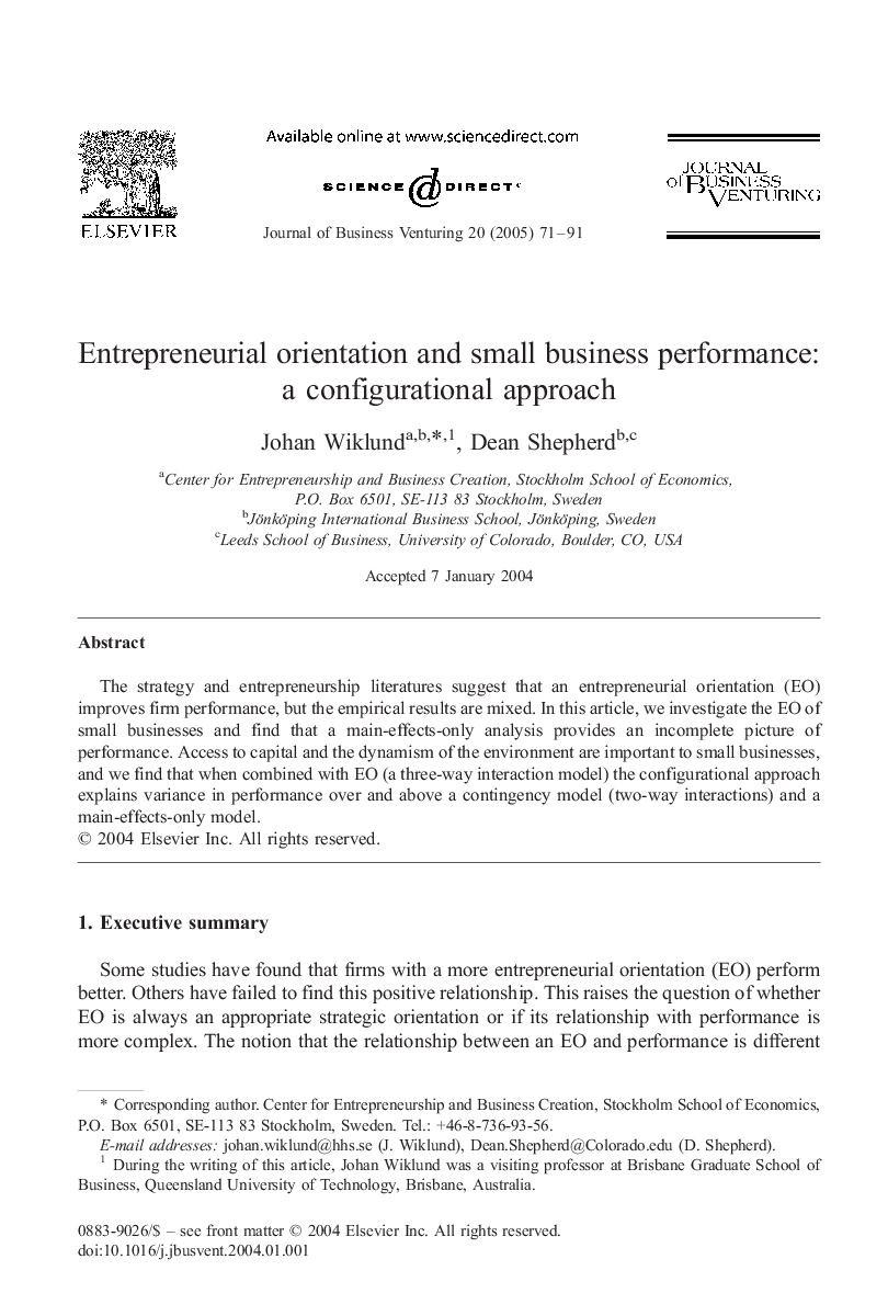 Entrepreneurial orientation and small business performance: a configurational approach