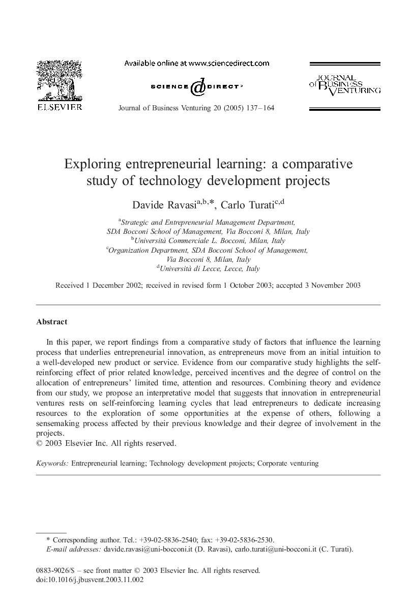 Exploring entrepreneurial learning: a comparative study of technology development projects