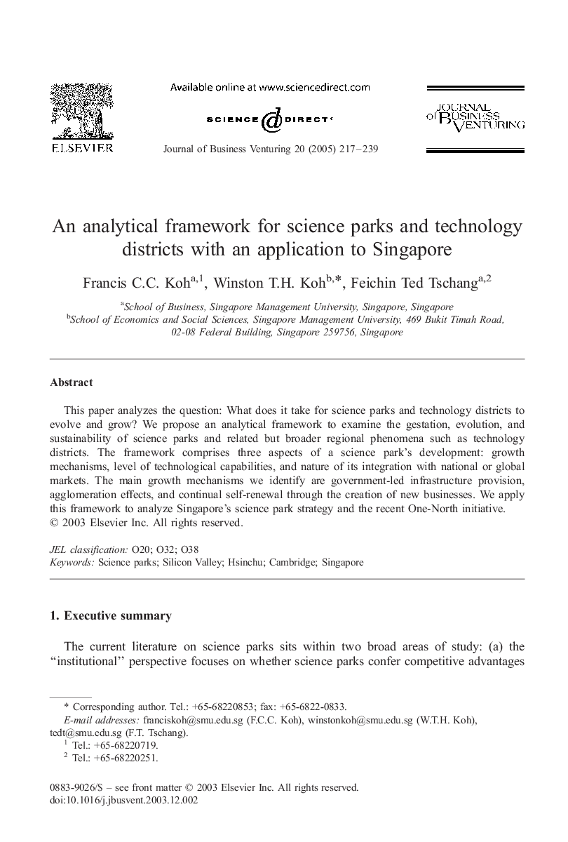 An analytical framework for science parks and technology districts with an application to Singapore