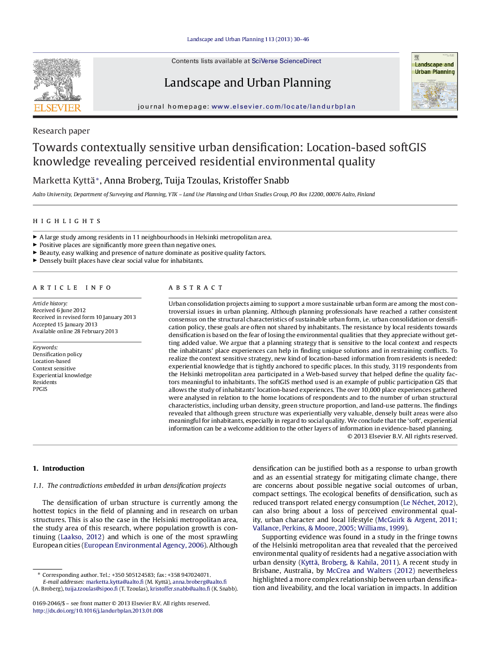 Towards contextually sensitive urban densification: Location-based softGIS knowledge revealing perceived residential environmental quality