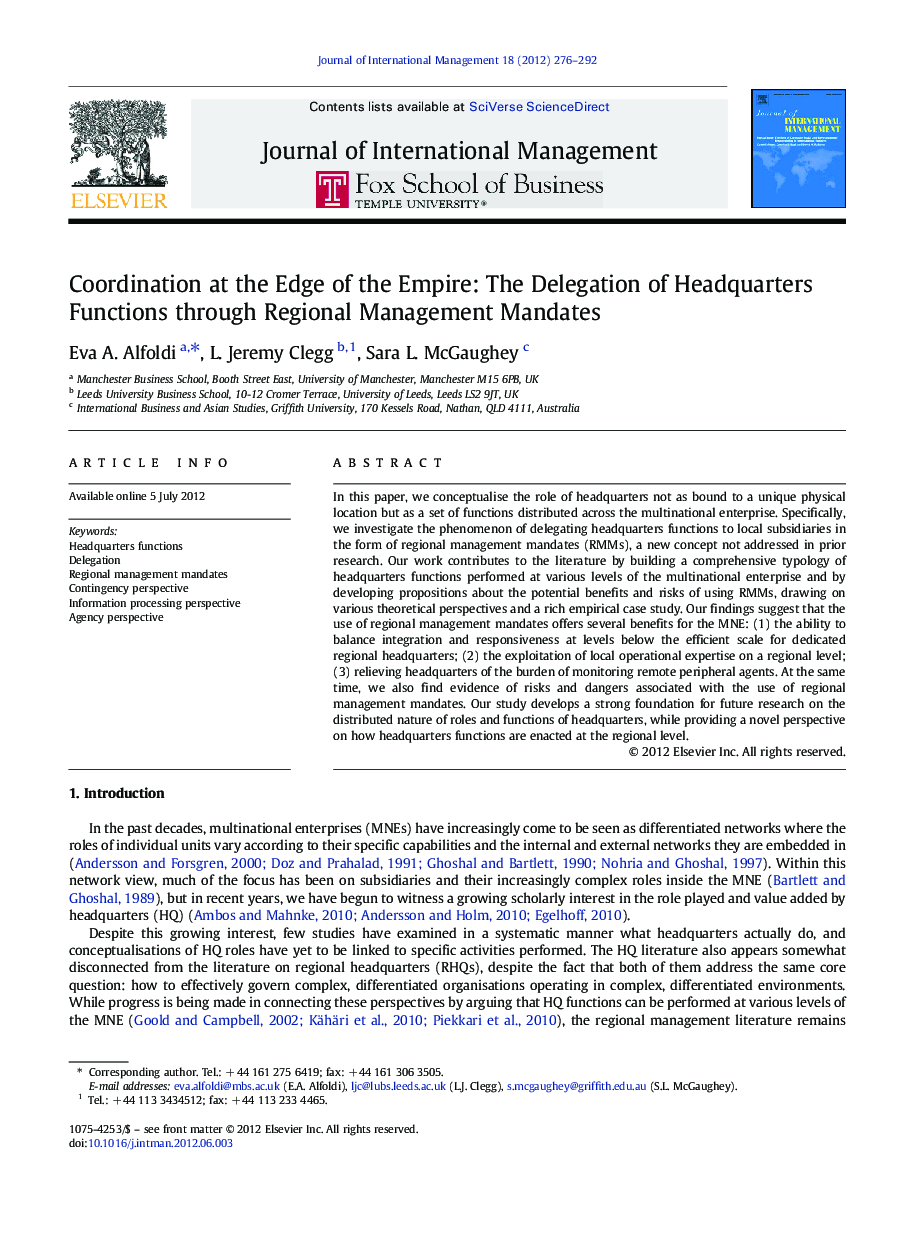 Coordination at the Edge of the Empire: The Delegation of Headquarters Functions through Regional Management Mandates