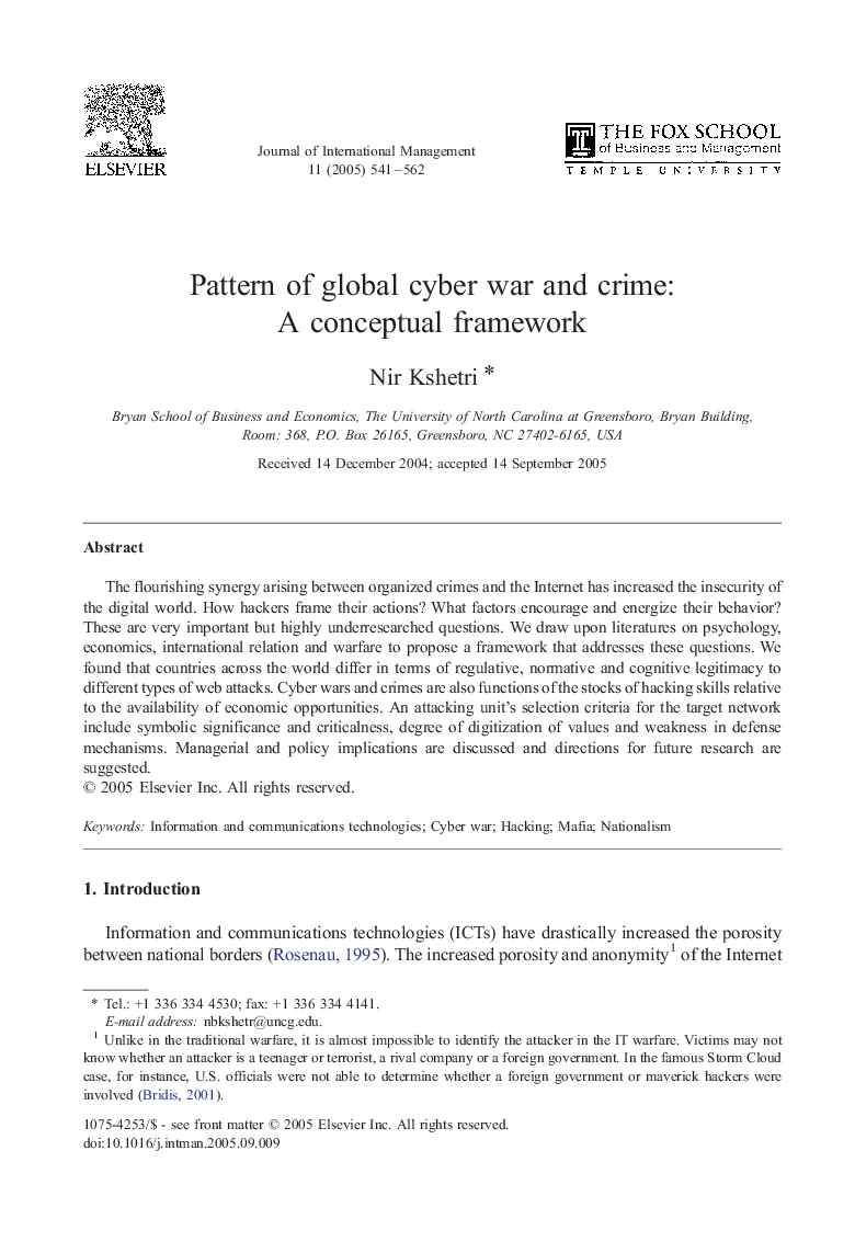 Pattern of global cyber war and crime: A conceptual framework