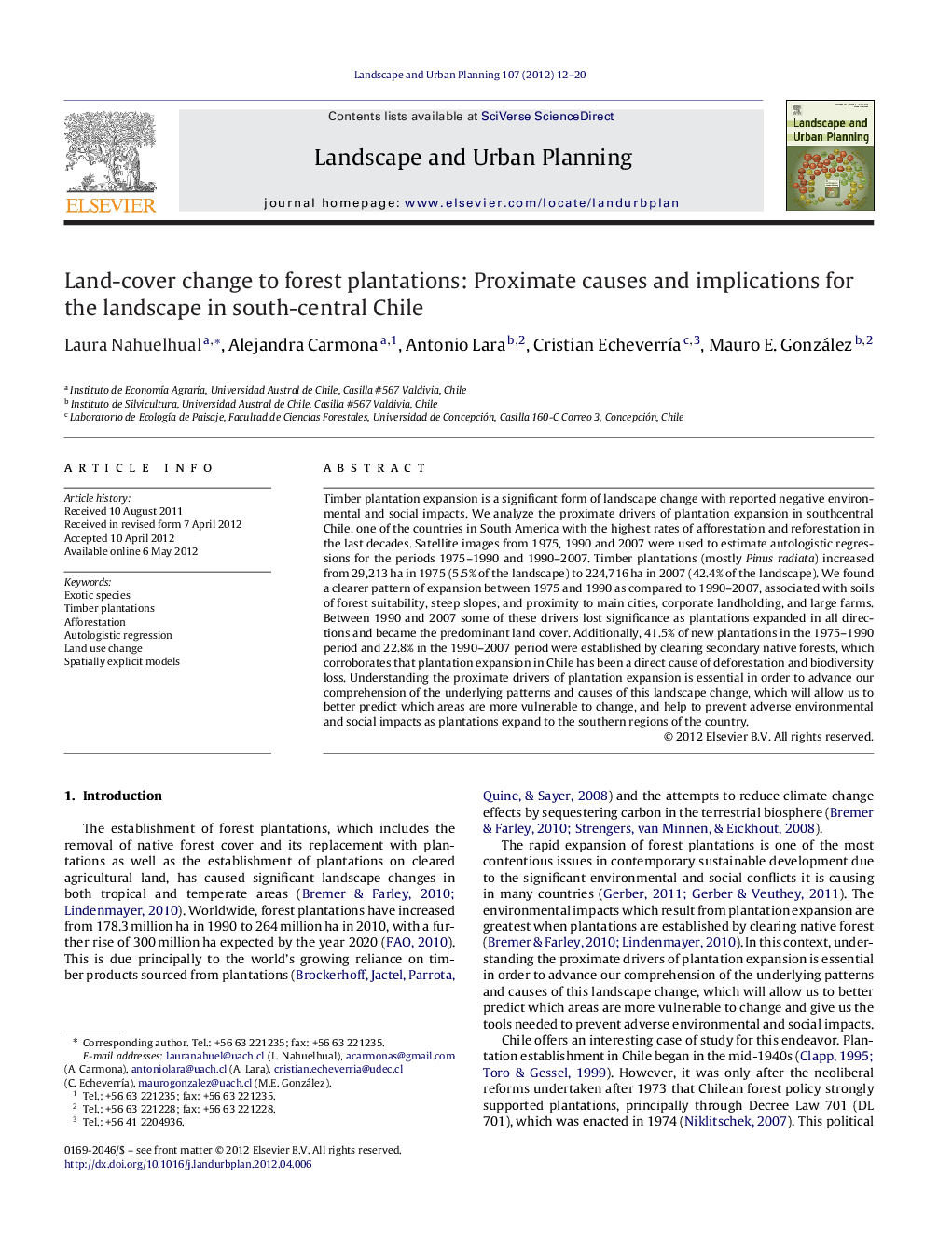 Land-cover change to forest plantations: Proximate causes and implications for the landscape in south-central Chile