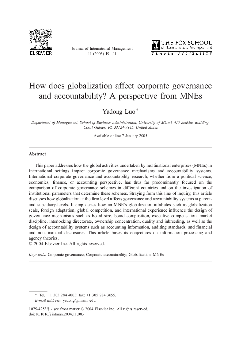 How does globalization affect corporate governance and accountability? A perspective from MNEs