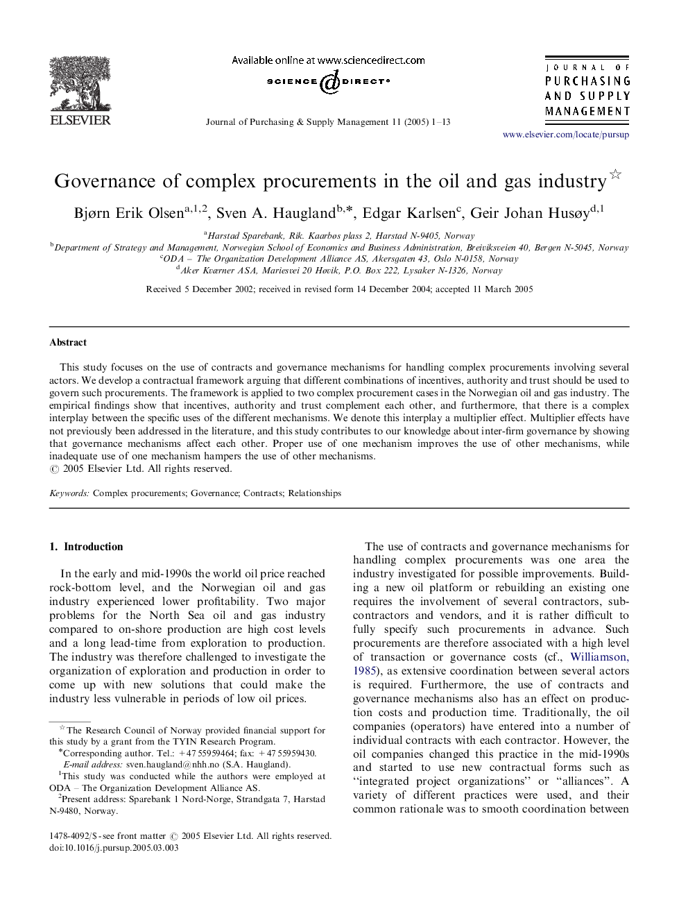 Governance of complex procurements in the oil and gas industry