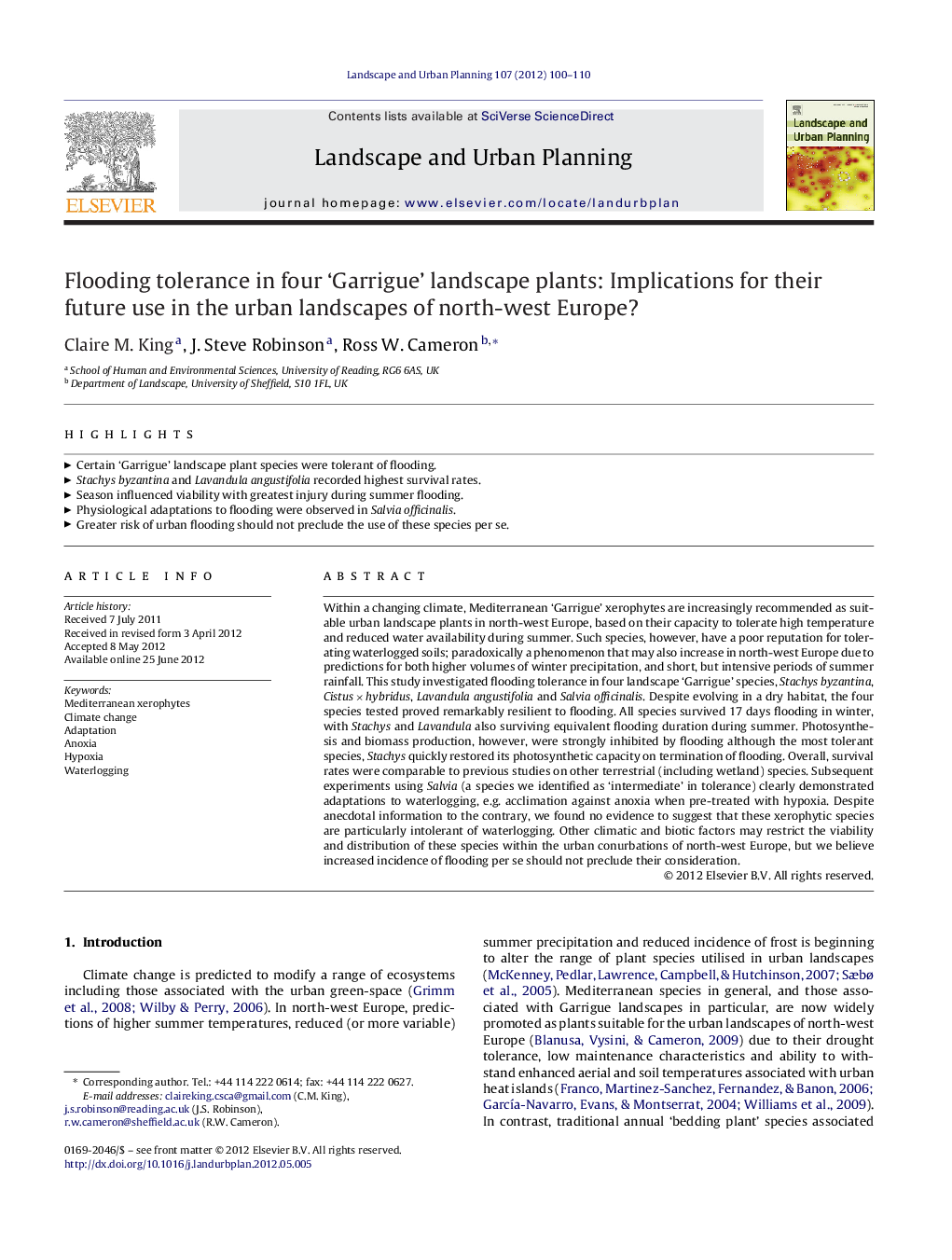 Flooding tolerance in four ‘Garrigue’ landscape plants: Implications for their future use in the urban landscapes of north-west Europe?