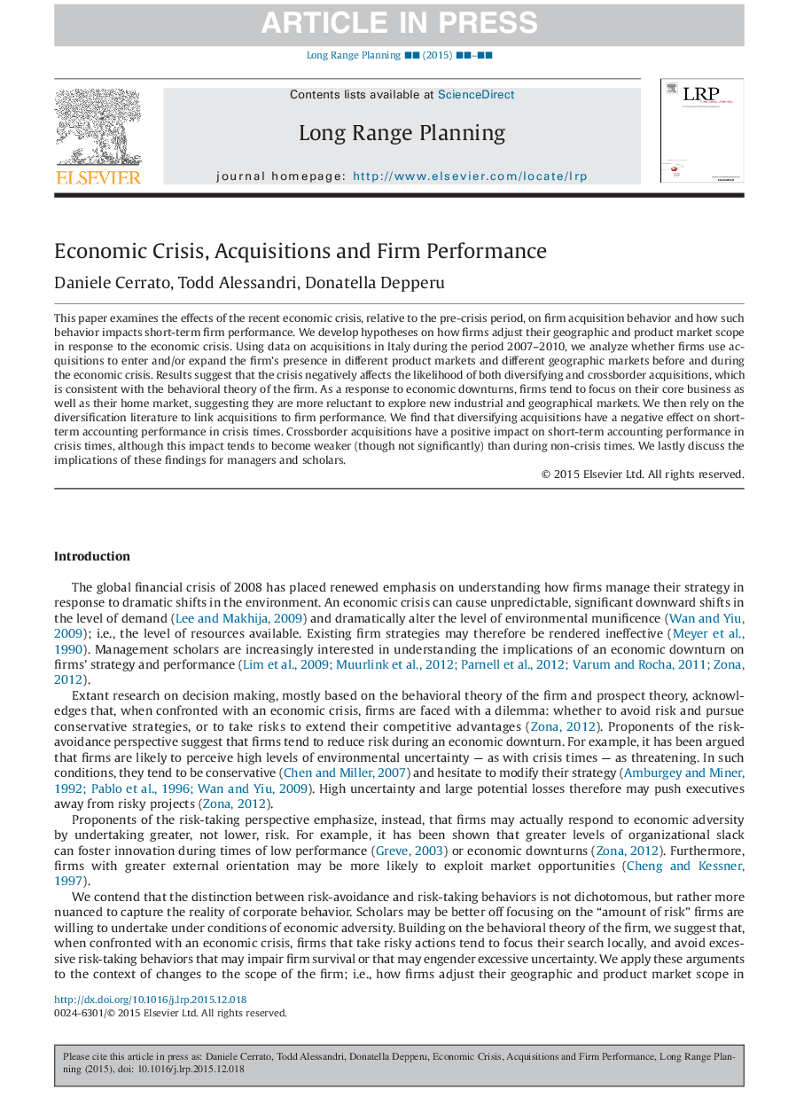 Economic Crisis, Acquisitions and Firm Performance