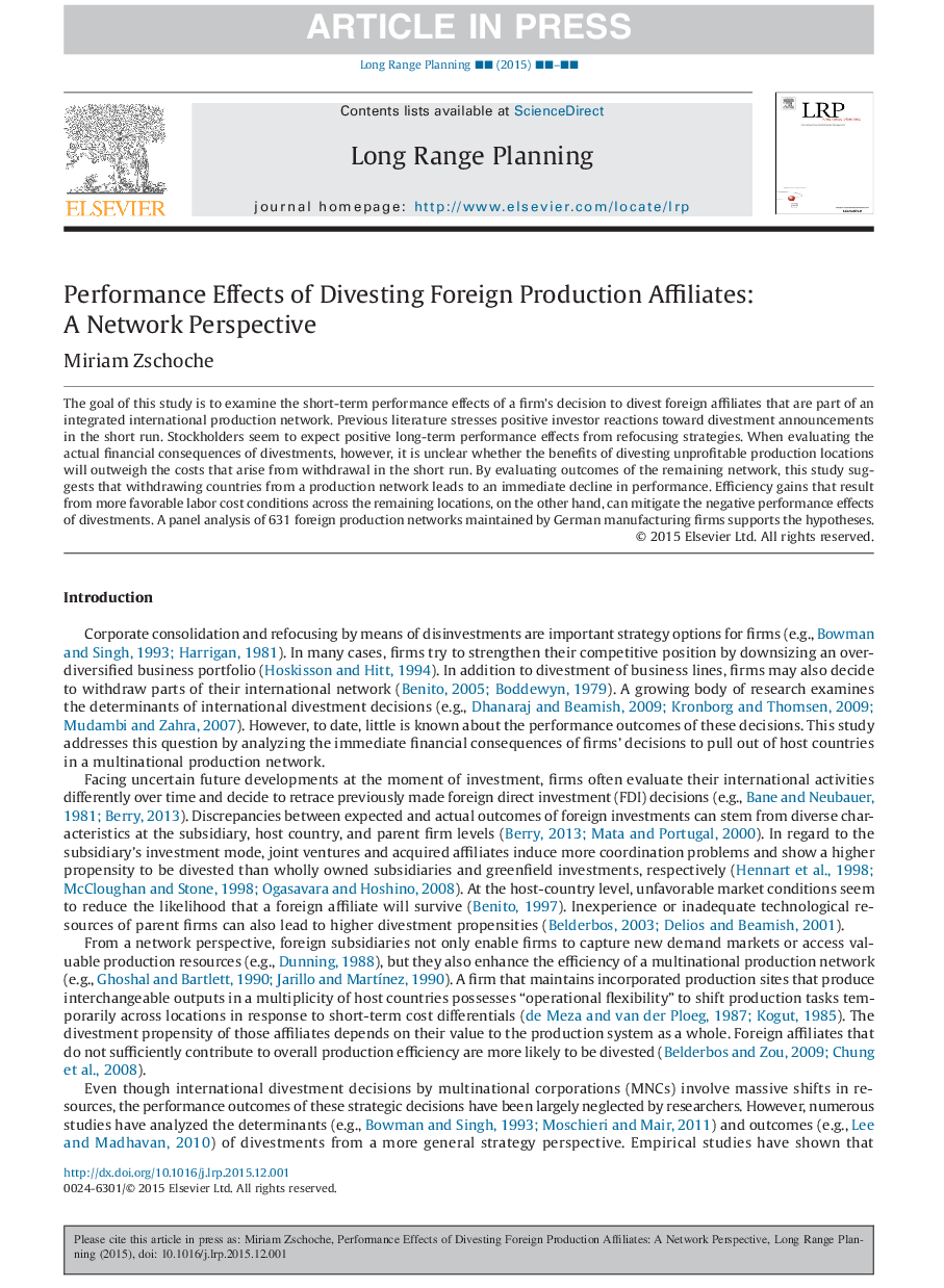 Performance Effects of Divesting Foreign Production Affiliates: A Network Perspective