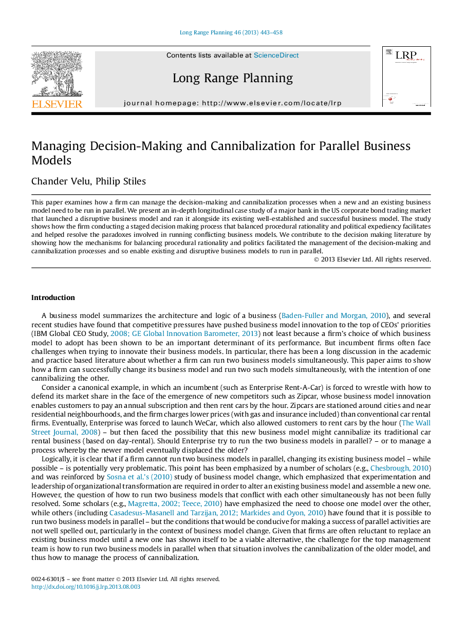 Managing Decision-Making and Cannibalization for Parallel Business Models