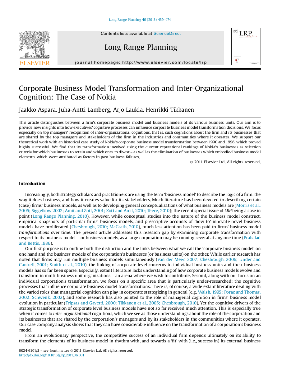 Corporate Business Model Transformation and Inter-Organizational Cognition: The Case of Nokia