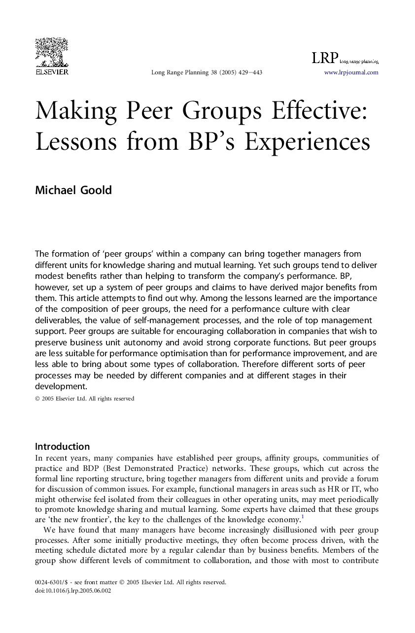 Making Peer Groups Effective: Lessons from BP's Experiences