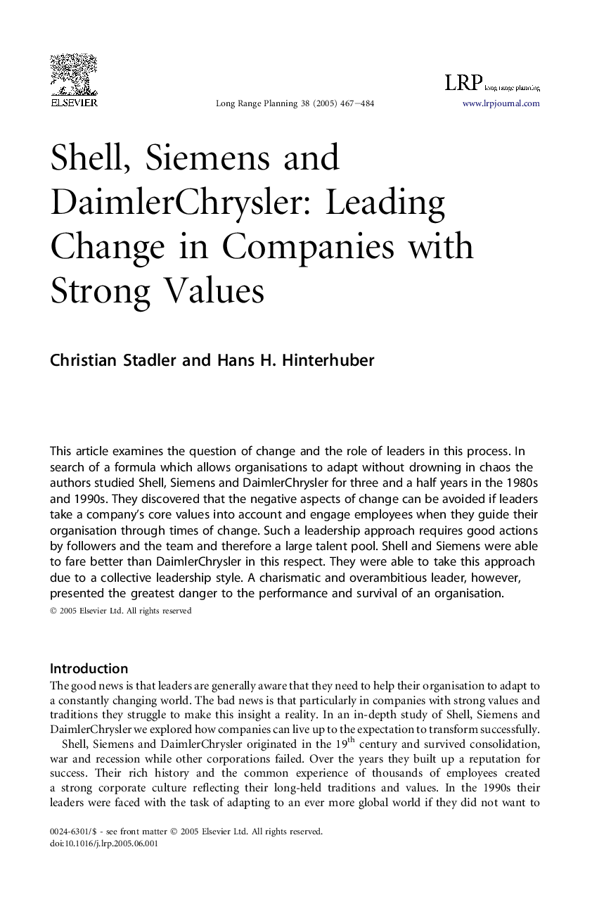 Shell, Siemens and DaimlerChrysler: Leading Change in Companies with Strong Values