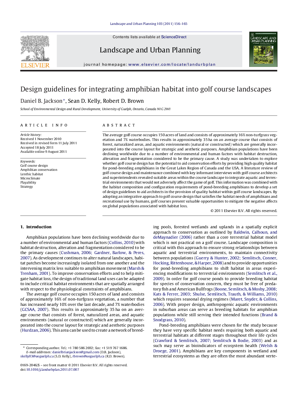 Design guidelines for integrating amphibian habitat into golf course landscapes