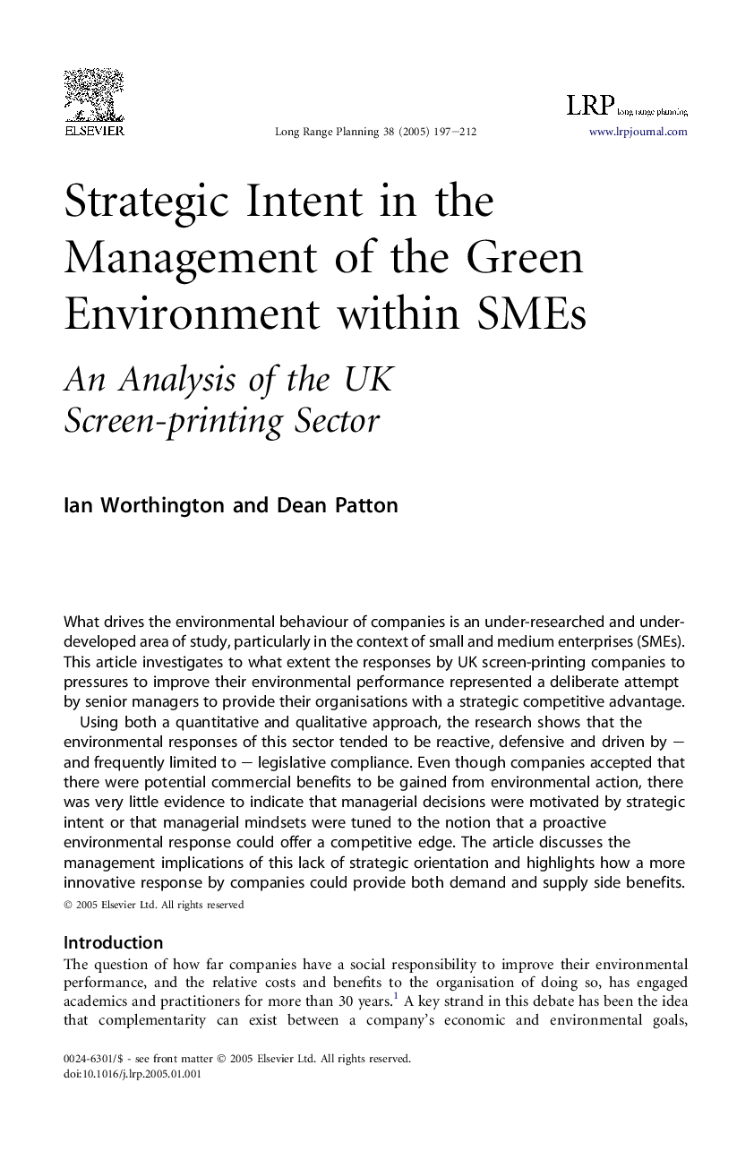 Strategic intent in the management of the green environment within SMEs: An analysis of the UK screen-printing sector