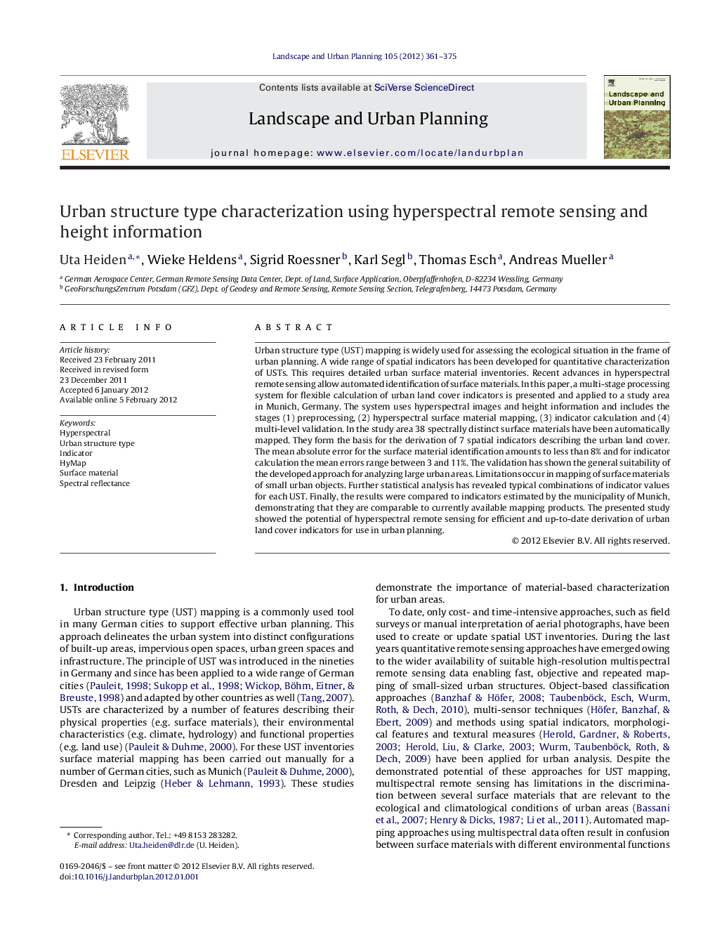 Urban structure type characterization using hyperspectral remote sensing and height information