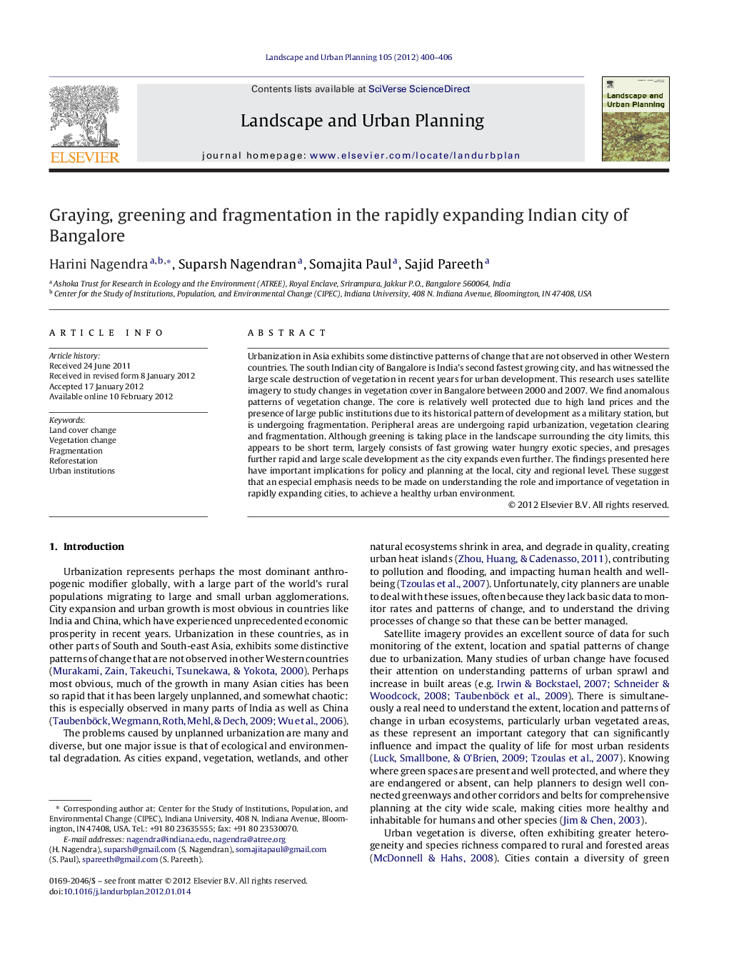 Graying, greening and fragmentation in the rapidly expanding Indian city of Bangalore