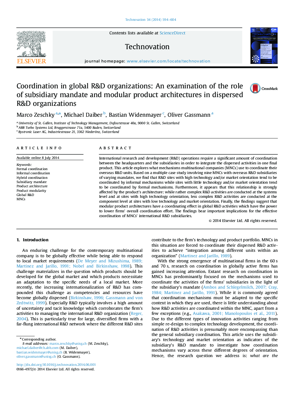 Coordination in global R&D organizations: An examination of the role of subsidiary mandate and modular product architectures in dispersed R&D organizations
