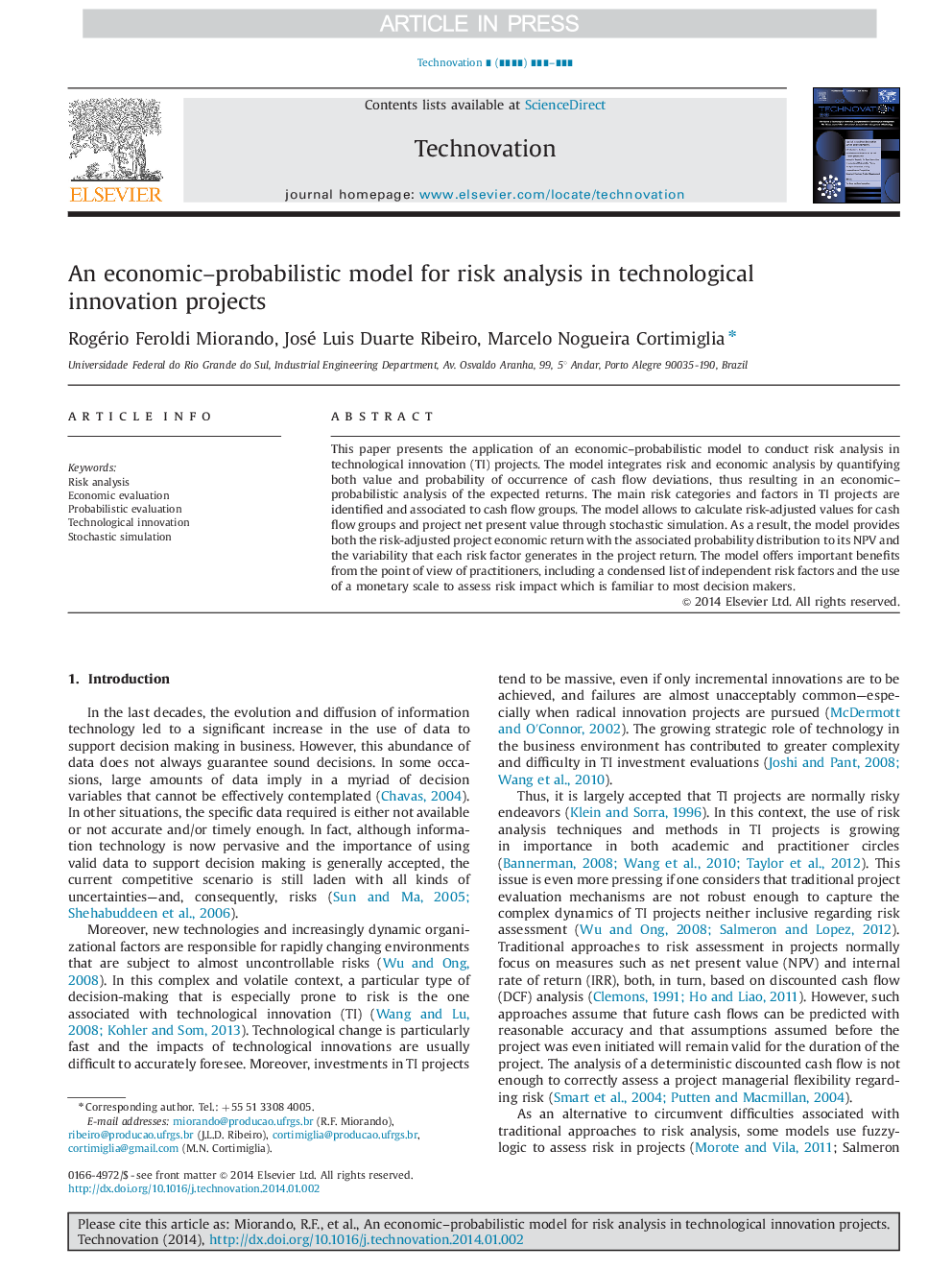 An economic-probabilistic model for risk analysis in technological innovation projects