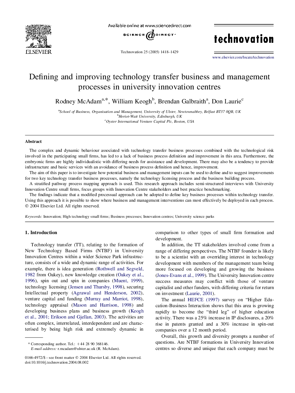 Defining and improving technology transfer business and management processes in university innovation centres