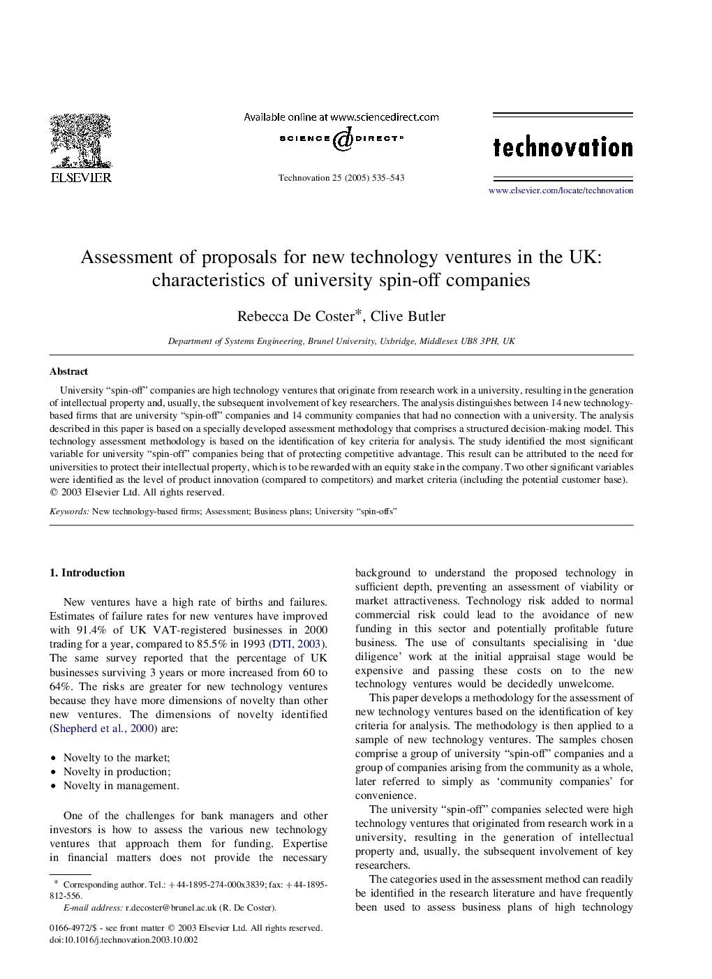 Assessment of proposals for new technology ventures in the UK: characteristics of university spin-off companies