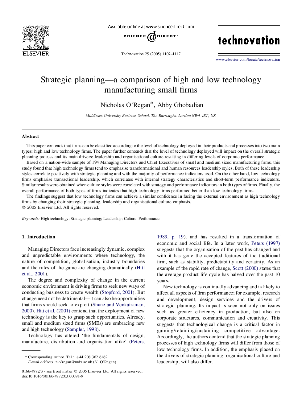 Strategic planning-a comparison of high and low technology manufacturing small firms