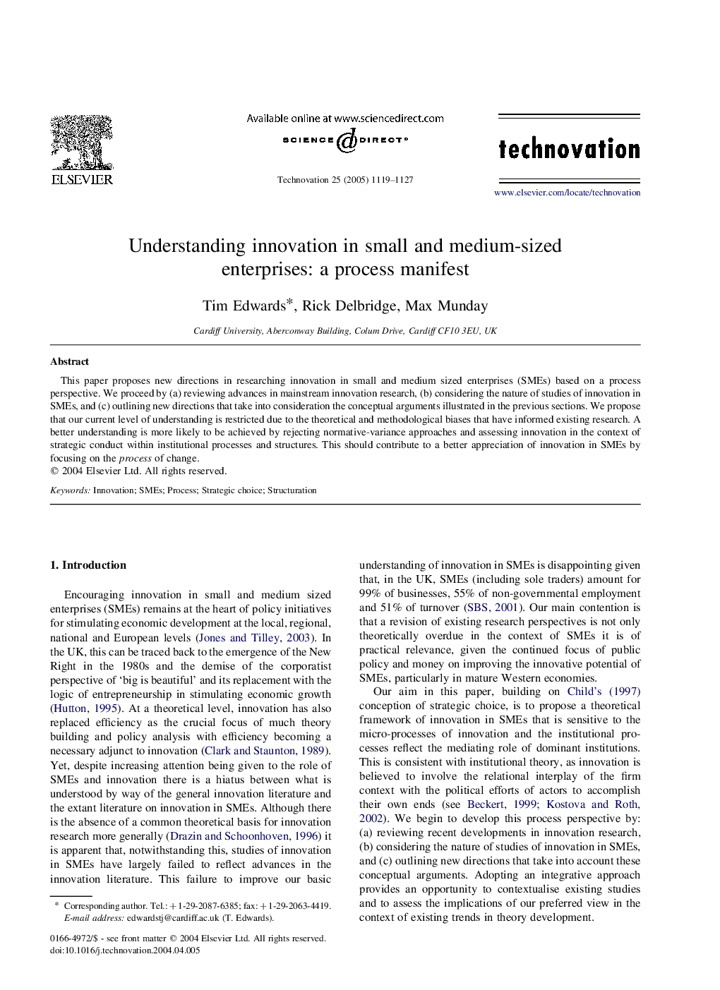 Understanding innovation in small and medium-sized enterprises: a process manifest