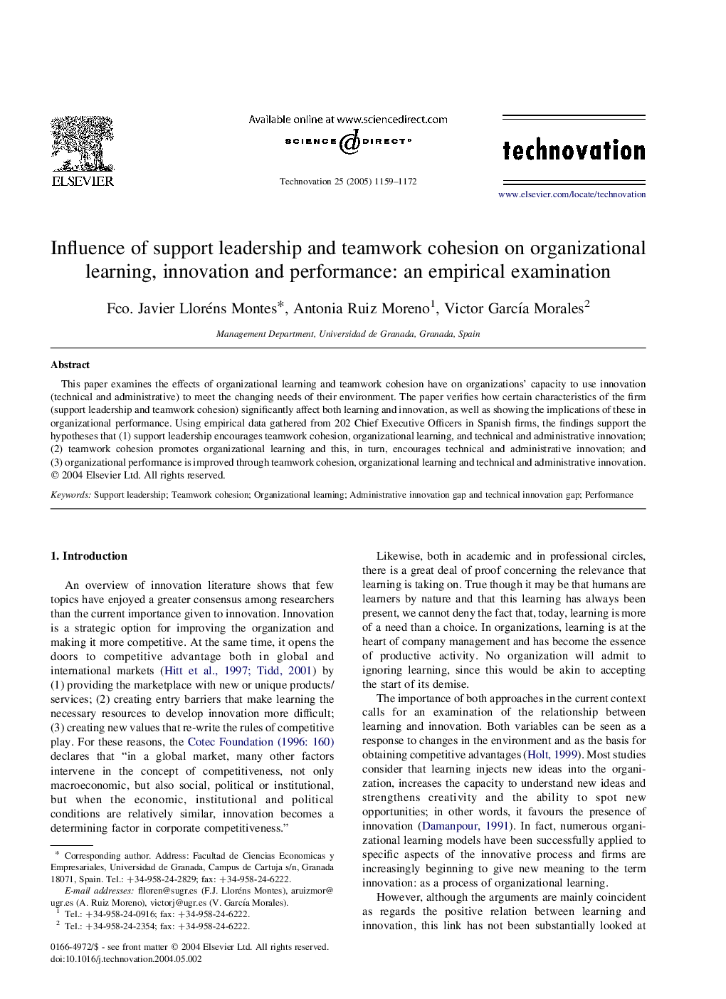 Influence of support leadership and teamwork cohesion on organizational learning, innovation and performance: an empirical examination