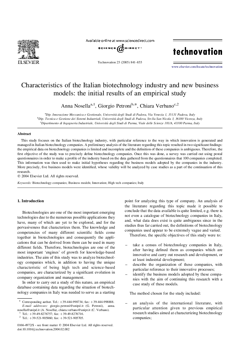 Characteristics of the Italian biotechnology industry and new business models: the initial results of an empirical study