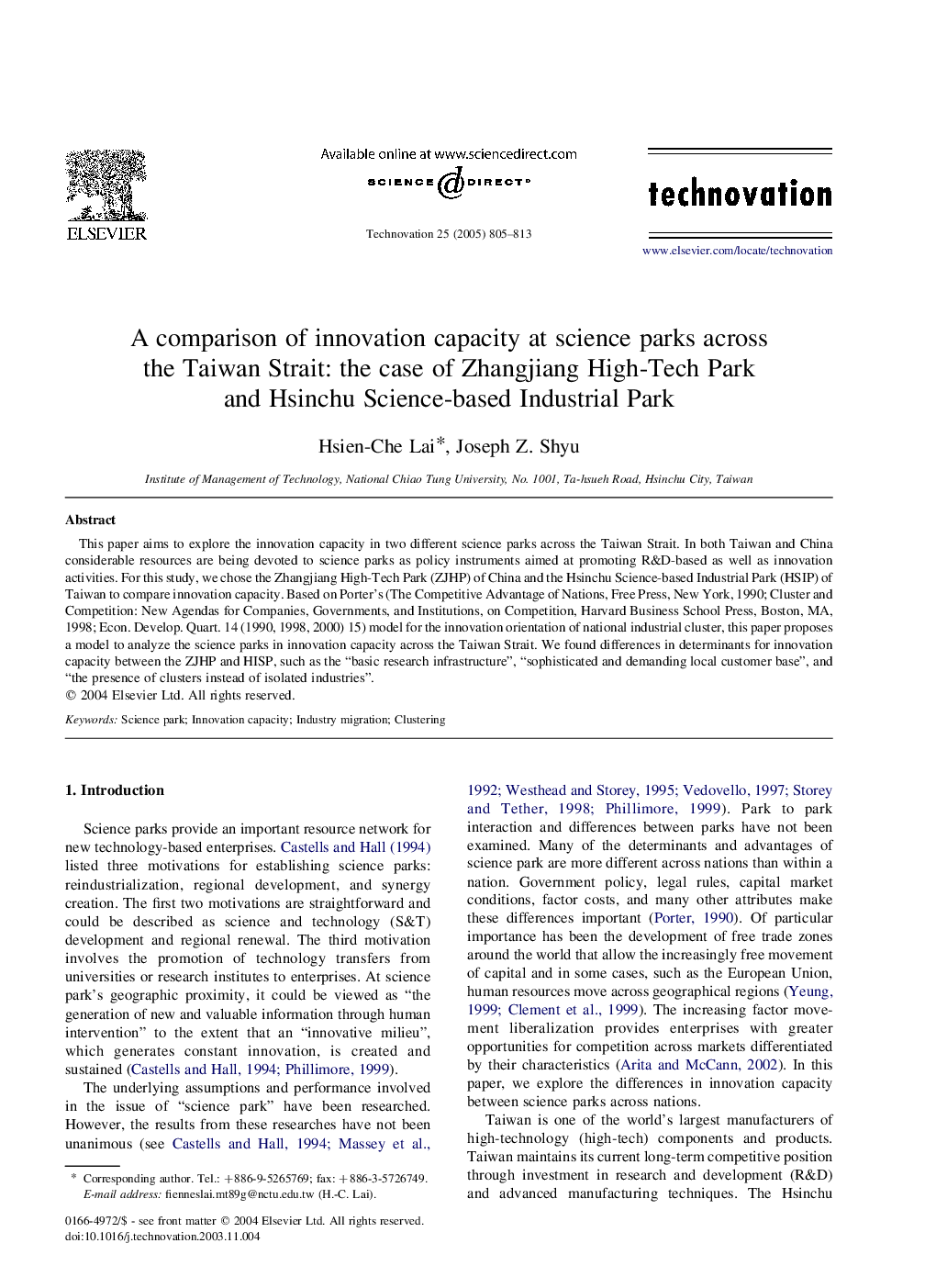 A comparison of innovation capacity at science parks across the Taiwan Strait: the case of Zhangjiang High-Tech Park and Hsinchu Science-based Industrial Park